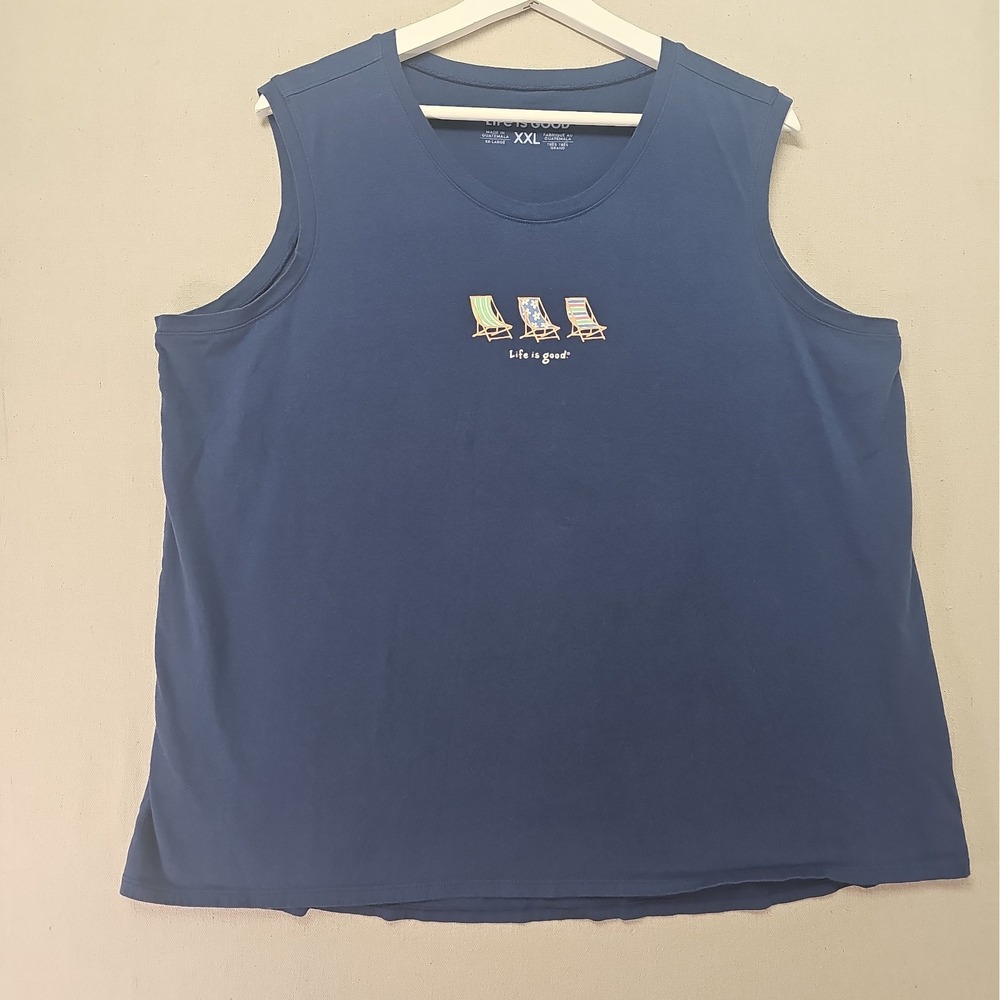 Life Is Good Blue Beach Chair Womens XXL Sleeveless Tank Crusher Tee Vacation